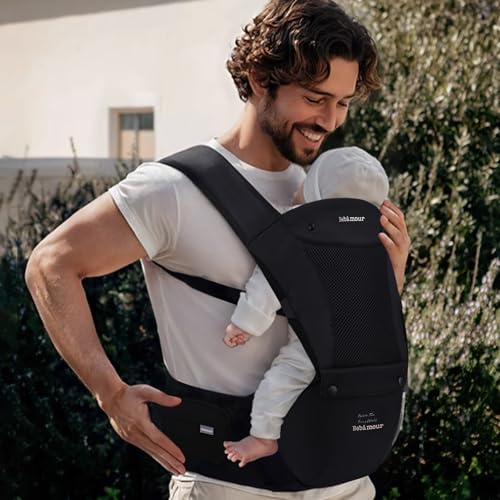 Bebamour Baby Carrier with Hip Seat,All-Position Breathable Mesh Hip Seat & Carrier 0-36Months with Head Hood, 3 PCS Teething Pads, Waist Extender,Storage Bag & Pacifier Case(Black)
