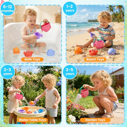 9 PCS Baby Bath Toys for Kids Ages 1-3, Mold Free Toddler Bath Toys for 2-4 with 3 No Hole Squeezing Marine Animals Toys, Bathtub Beach Sand Water Table Toys for 1 2 3 Years Old Girls Boys Gifts