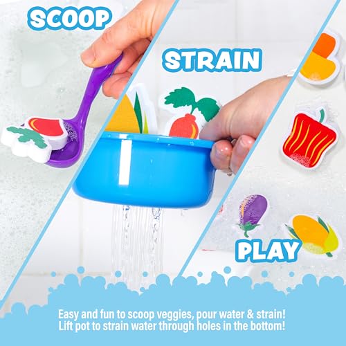Tub Works® Tub Soup™ Scoop, Strain & Play Toddler Bath Toy | Floating Foam Veggies, Ladle for Scooping & Soup Pot for Straining | Pretend Play Cooking Kids Bath Toys | Creative Bathtub Toys