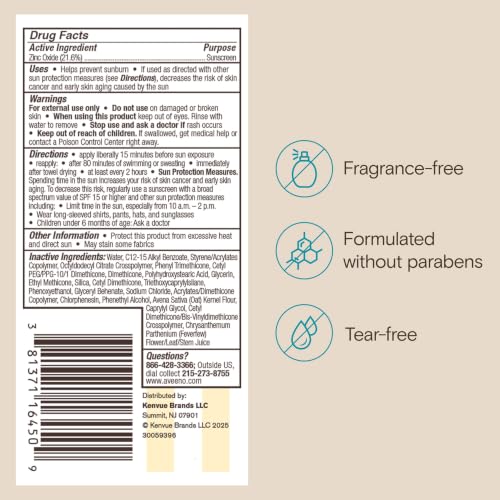 Aveeno Kids Continuous Protection Zinc Oxide Broad Spectrum Sunscreen Lotion for Kids’ Sensitive Skin. SPF 50 Oxybenzone Free Sunscreen, Tear- and Sweat-Free and Water-Resistant, Non-Greasy, 3 Fl Oz