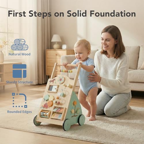 DUMOS Wooden Baby Push Walker, Montessori Activity Toys with Adjustable Speed for 1 Year Old, Silent Rubber Wheels, Wood