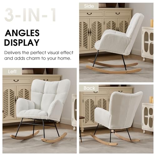 Wryxplor Nursery Rocking Chair, Teddy Upholstered Glider Chair with Thick Cushion, Tufted Gliding Rocker Chair with Wood Leg, Cozy Rocking Armchair, Accent Rocking Chair for Living Room (Ivory)