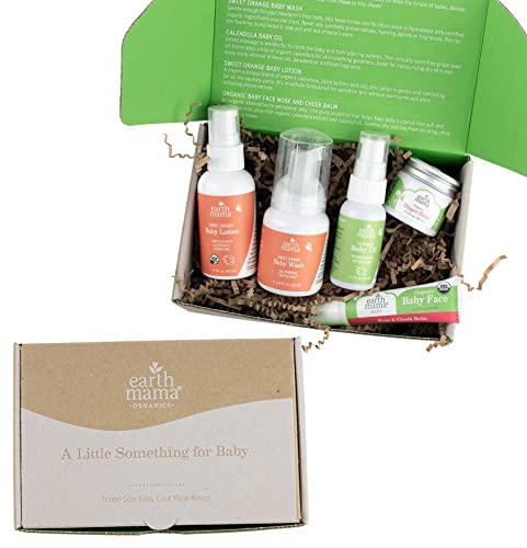 Earth Mama A Little Something for Baby Gift Box |Safe Skin Care Set Newborn Essentials for Baby Shower- Diaper Balm, Face Balm, Calendula Baby Oil, Baby Wash, Baby Lotion, 5 Pieces