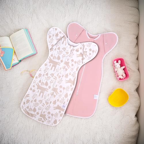 ANYEDDE 2-Pack Newborn Swaddle Sleep Bag- Arms Up Swaddle 0-3 Months, Baby Swaddles for Newborn, Cuff Removable Design, Pink Bunny Breathable Sleep with 2-Way Zipper