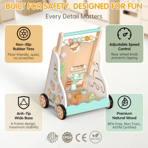 Wooden Baby Walker with Wheels, Push Walker with Baby Activity Center, Montessori Walking Toy for Girls Boys, Adjustable Speed & Height Activity Toy for Toddler Learning to Walk 12+ Months (Natural)