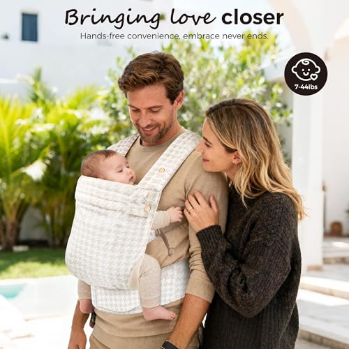 Baby Carrier Newborn to Toddler- 100% Pure Cotton Double-Side Skin-Friendly Baby Carrier,3 Carry Positions Newborn Carrier, Ergonomic,Cozy and Lightweight Infant Carrier for 7-40lbs,White Houndstooth