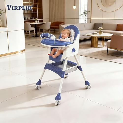 Foldable 4-in-1 Baby High Chair for Babies & Toddlers, High Chair with Detachable PU Cushion, Removable Tray, Adjustable Height, Locking Wheels,Blue