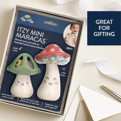 Itzy Ritzy Mini Maracas Musical Rattle Toy – Sensory Baby Toy with Rattle Beads & Jingle Ball for Motor Skills & Auditory Development – for Ages 0 Months and Up (Mushroom)