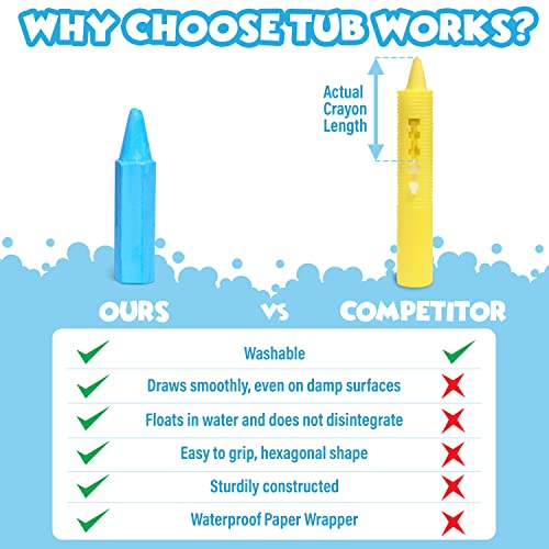 Tub Works® Smooth™ Bath Crayons Bath Toy, 12 Pack | Nontoxic, Washable Bath Crayons for Toddlers & Kids | Unique Formula Draws Smoothly & Vividly on Wet & Dry Tub Walls | Hexagon Grip Bathtub Crayons