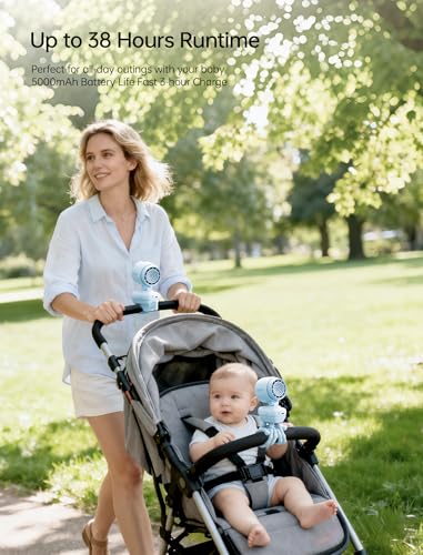 JISULIFE 2026 Stroller Fan – Small & Stylish with 38H Cooling, Soft Night Light, One‑Click Detachable for Stroller or Desk, Safe Baby Fan for Crib Car Seat Nursery Travel, Gifts for Baby Mom (Blue)