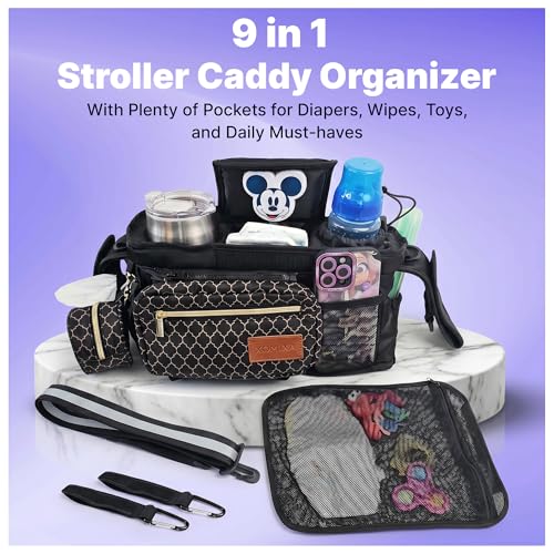 XOMIXA Stroller Organizer with Cup Holders – 9-in-1 Universal Baby Stroller Caddy with Large Pockets, Detachable Pouch & Pacifier Bag, Hooks & Adjustable Reflective Straps, Fits Most Strollers.