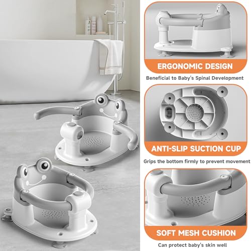 Baby Bath Seat for Babies 6 Months & Up - Toddler Bath Seats for Baby Sitting Up with 4 Suction Cups & Soft Cushion, Non-Slip Infants Shower Bathtub Chair for Newborn Boys Girls, Gray