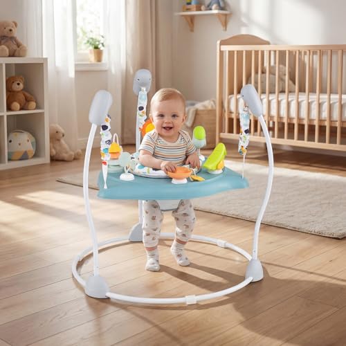 BABY JOY Baby Activity Center, Baby Jumpers and Bouncers with Music, 360° Rotating Seat, 3 Adjustable Heights, Montessori-Inspired Activity Center for Baby 7-15 Months (Baby Blue)