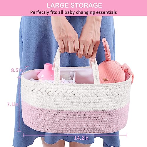 ABenkle Diaper Caddy Organizer, Cotton Rope Nursery Storage Basket Pink