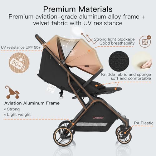 Gromast Gravity Folding Baby Stroller - Portable Travel Toddler Stroller w/Adjustable Backrest, Canopy & Cup Holder, Lightweight and UV Protected, One-Hand Automatic Folding - Khaki