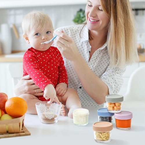 DRKIO 12 Pack Glass Baby Food Storage Containers - 4 Oz Baby Food Jars with Lids Baby Food Maker Microwave Dishwasher Freezer Safe 100% Leak Proof BPA Free Reusable