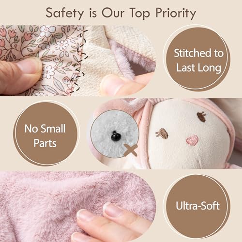 Moonkie Baby Lovey with Silicone Teether, Bunny Security Blanket with Textured Ribbons, Crinkle Toys, Soft Minky Velour & Natural Cotton, Newborn Girl Gift for Baby Shower or Birthday