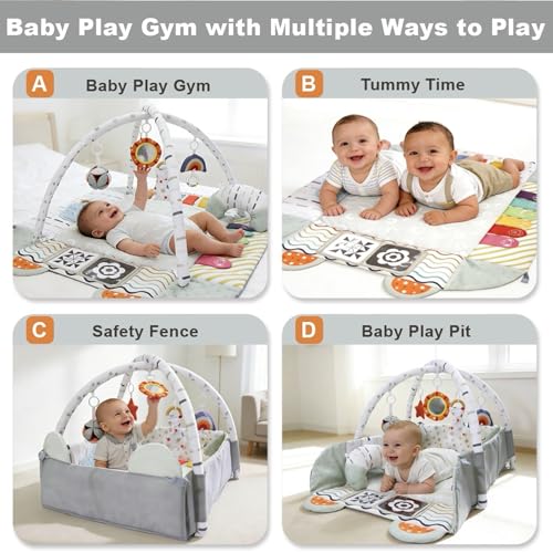 Aila+Aiden Baby Gym Play Mat, 8-in-1 Tummy Time Mat & Activity Gym, Washable Ball Pit, Infant Play Mat with Detachable Toys for Sensory Exploration and Motor Skill Development