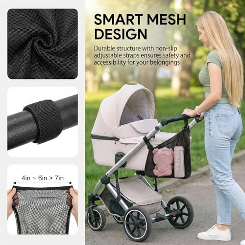 Elfzone Stroller Side Bag - Bike/Stroller Organizer, Hook & Loop Easy Attach - Mesh Design, Non-Slip Straps, mom Cozy Stroller Organizer, Stroller Accessories, Black (BLACK 2PCS)