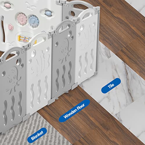 Albott Baby Fence Kid Playpen 18 Panel Albott Play Yard - Foldable Kids Safety Activity Center Playard Safety Lock Gate,Adjustable Shape, Portable Design for Indoor and Outdoor (18 Panel, Grey+White)