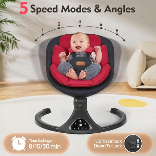 Baby Swings for Infants, Portable Baby Swing for Newborns with Bluetooth, Electric Infant Swing with 5 Speed Motions, 12 Melodies & Remote Control (Max 20 lbs, Red)