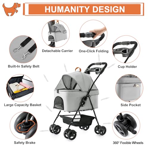 LPOTIUS 3-in-1 Pet Stroller for Small Dogs and Cats, Folding Lightweight Dog Stroller with Detachable Carrier Portable Cat Puppy Jogging Stroller with Cup Holder and Storage Basket, 4 Wheels