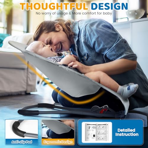 Orzbow Baby Bouncer, Portable Baby Bouncer Seat for 0-18 Months Up to 20 lbs - 3 Recline Positions, Foldable Infant Bouncy Seat with Removable Play Bar, Ergonomic Design, Grey