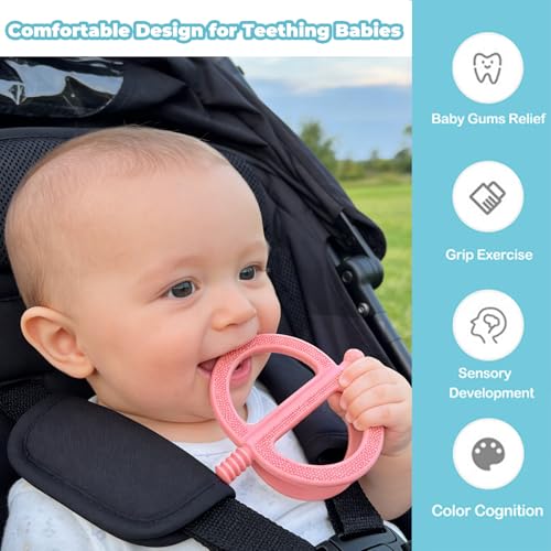 CFTONE Baby Teething Toy, Nipple-Shaped with Easy-Hold Handle, Anti-Choking Design for Teething Relief, Teethers for Babies 0-36 Months, Textured Chewing Toys for Infants Toddlers (Pink+Grey)
