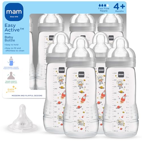 MAM Easy Active Natural Flow Anti-Colic Baby Bottle, 4+ Months, 4 Pack, 11oz, BPA Free, Fast Flow Skin Soft Silicone Anti-Colic Nipple, Anti-Slip Grip, Leak-Proof, 4+ Months, Made in Europe, Grey