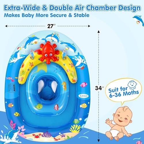 EZIGO Baby Pool Float with Canopy UPF50+ Sun Protection, Inflatable Kids Pool Floats with Ocean Animal Toys for Babies 6-36 Months, Infant Swimming Float with Adjustable Safety Seat for Boys Girls