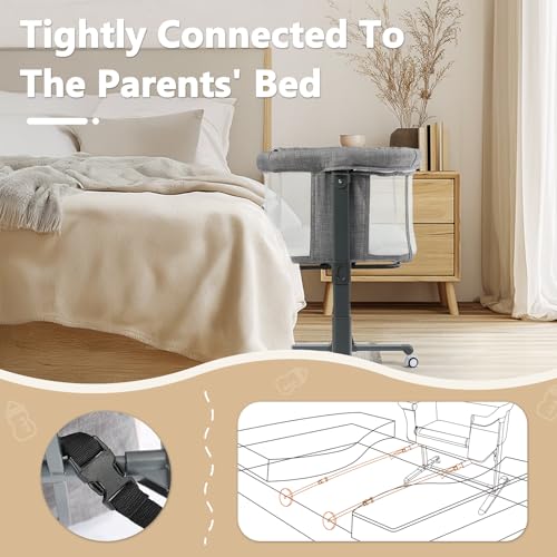Kinder King Baby Bassinet Bedside Sleeper, Newborn Baby Bedside Crib w/Wheels, All-Sided Mesh, Adjustable Height, Removable Soft Mattress, No Tool to Assemble, Grey