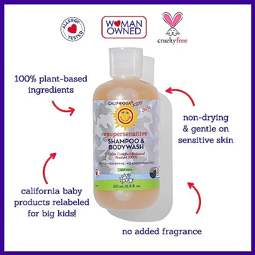 California Kids Shampoo + Body Wash | Super Sensitive Unscented | Gentle Skin Care for Kids + Teens | 100% Plant-Based | Hypoallergenic | 8.5 oz