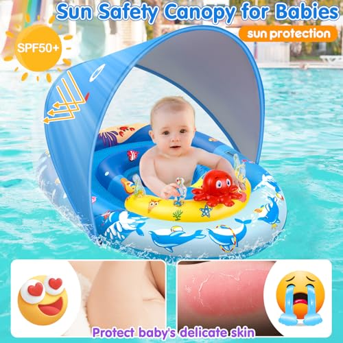 EZIGO Baby Pool Float with Canopy UPF50+ Sun Protection, Inflatable Kids Pool Floats with Ocean Animal Toys for Babies 6-36 Months, Infant Swimming Float with Adjustable Safety Seat for Boys Girls