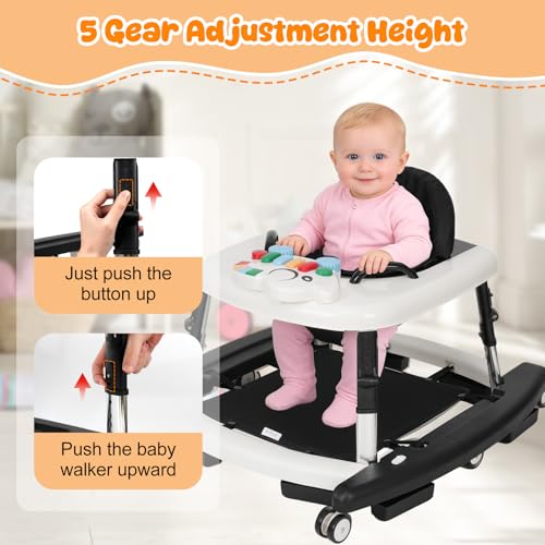 Tickeagle 5-in-1 Baby Walker for Boys and Girls Music and Lights 6-18 Month, Foldable Baby Walkers with 5 Adjustable Heights, Infant Toddler Walker with Wheels and Combo Portable(Black)