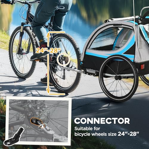 Aosom 3-in-1 Walk/Jog/Ride Child Baby Bike Trailer for Kids 2 Seater, High-Visibility Bike Stroller for Toddler Wagon, Weather-Strong Double Bicycle Trailer Accessory, Blue