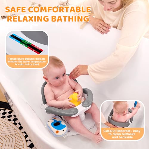 LDIIDII Baby Bath Seat for Babies 6 Months & Up Sitting Up,Infant Bath Seat with Temperature Alert+Open Backrest+on/Off Armrest,Toddler Bath seat Baby Bath Chair for Bathtub,Tub,Sink (Light Gray)