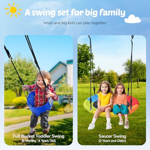 Trekassy Swing Sets for Backyard, 440lbs Heavy Duty A-Frame Metal Swing Stand with 1 Saucer Swing and 1 Toddler Swing Outdoor Kids Play Equipment for Playground Playset (Patented)