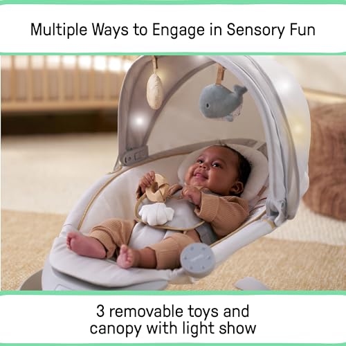 Ingenuity InLighten Baby Swing, 3-in-1 Bounce, Sway & Stationary Seat, Bluetooth Music, Light-Up Canopy, Remote Control, Vibrations, 5-Point Harness, Pebble Shore
