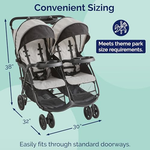 Kolcraft Cloud Plus Lightweight Double Stroller Side-by-Side for Infant Toddler, Compact Folding Travel System with Reclining Seats, Canopies, Storage Basket, Trays, Easy Maneuver - Slate Gray