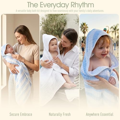 HardNok Muslin Hooded Baby Towel 4 Pack, 100% Organic Premium Cotton, (2) 6-Layer 32x32 Bath Towels & (2) Washcloths, Soft Newborn & Infant Gift Set (Blue Stripe & White)