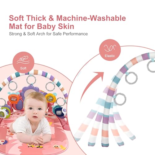 Baby Gym Play Mat, Piano Kick and Play Lights and Music Tummy Time Toys Infant Musical Activity Gym Mat for Visual, Hearing, Sensory, Gift Suitable for Newborns Aged 0 to 3 6 9 12 Months (Pink)