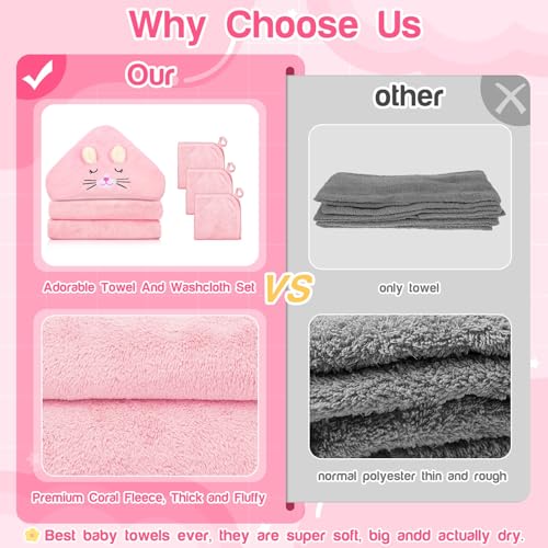 4 PCS Hooded Baby Towels Set, Absorbent Baby Bath Towel, Soft Baby Towels and 3 PCS Baby Washcloths for Newborns, Toddlers, and Kids, 32x32 in Baby Towel with Hood for Boy and Girl (Pink Kittens)