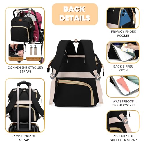 ROSEGIN Diaper Bag Backpack with Changing Pad Pacifier Case, Baby Bag for Boy Girl Toddler - Large,Stylish, Waterproof Travel Quilted Diaper Bag for Mom - Baby Shower Gifts, Black