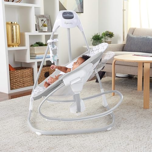 Ingenuity 2-in-1 SimpleComfort Lightweight Compact 6-Speed Multi-Direction Baby Swing & Rocker, Vibrations & Nature Sounds, 0-9 Months 6-20 lbs (Raylan)