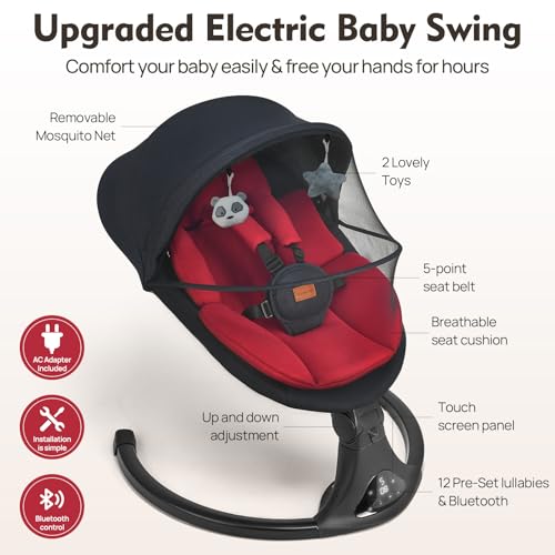 Baby Swings for Infants, Portable Baby Swing for Newborns with Bluetooth, Electric Infant Swing with 5 Speed Motions, 12 Melodies & Remote Control (Max 20 lbs, Red)