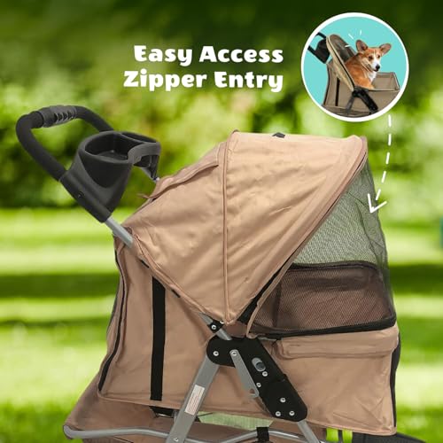 Critter Sitters 3-Wheel Jogging Dog Stroller with Storage Basket and Cup Holders, Modern and Stylish Pet Stroller for Medium to Large Pets up to 55 Pounds, Tan