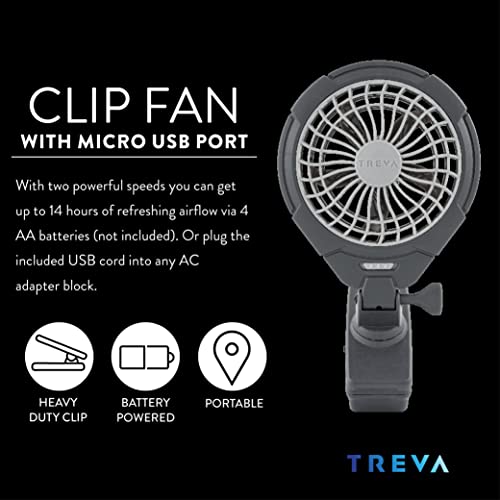 O2COOL Treva 5 Inch Two Speed Battery & USB Powered Clip On Fan - Slim and Portable Cooling Travel Fan with USB - Gray
