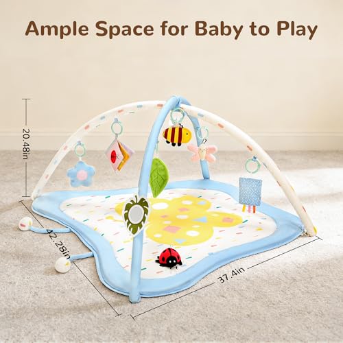 Pamo Babe Baby Play Gym & Activity Mat, Tummy Time Mat with 8 Montessori Toys, Non-slip Foldable Baby Playmat for Stage-Based Development, Machine Washable Baby Gym Play Mat for Newborn Essential Gift