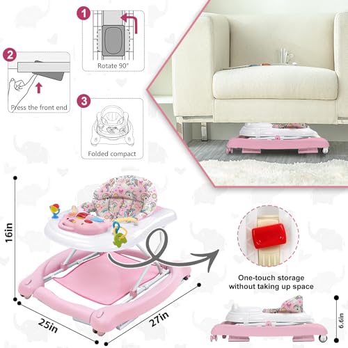 Foldable Baby 5-in-1 Activity Walker - Rocker, Activity Center, Bouncer, Seat Walker, Push Walker - Adjustable Speed Rear Wheels and Height Toys Ages 6-18 Months(Pink)