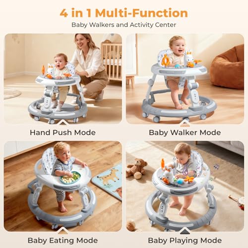 Baby Walker with Wheels - Foldable Baby Walker,4-in-1 Baby Walkers for Boys and Girls 6-12 Months, Infant Walker with Adjustable Height, Baby Activity Walker with Toys, Music, Lights, Anti-Rollover